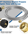 12Ft Stainless Braided Propane Hose With Gauge Connector 1lb To 20lb Tank Converter for stoves and grills with brass fittings.