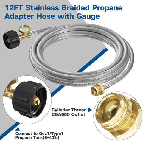 12Ft Stainless Braided Propane Hose With Gauge Connector 1lb To 20lb Tank Converter for stoves and grills with brass fittings.
