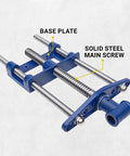 9 Inch Front Woodworking Vise with Guide Bars, Heavy Duty Cast Iron Body and Steel Main Screw, Blue Finish, top view showing base plate and screw.
