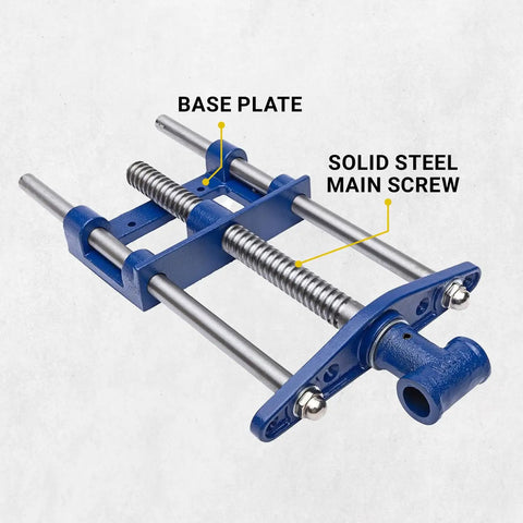 9 Inch Front Woodworking Vise with Guide Bars, Heavy Duty Cast Iron Body and Steel Main Screw, Blue Finish, top view showing base plate and screw.
