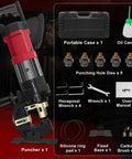 Beast Mode 22 Ton Electric Hydraulic Hole Puncher with 1400W motor, five dies, and accessories including case, oil can, and tools.