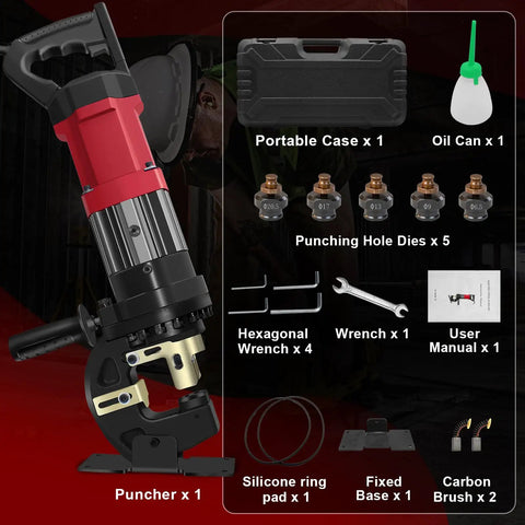 Beast Mode 22 Ton Electric Hydraulic Hole Puncher with 1400W motor, five dies, and accessories including case, oil can, and tools.