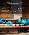 Heavy Duty 6-1/2 Inch Cordless Circular Saw Featuring Twin 21V 8000 Mah Battery Set And Rapid Charger Kit on a workbench with accessories.