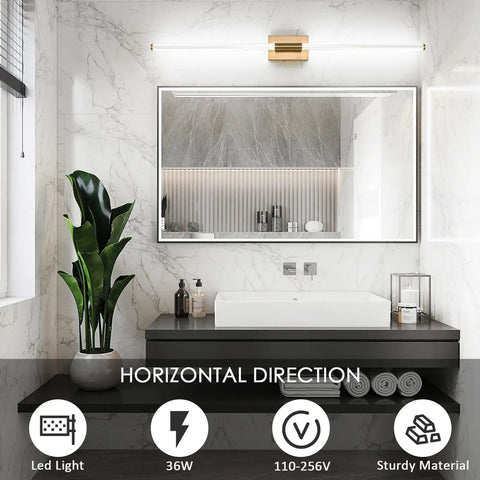 Modern LED Vanity Light With 360 Degree Full Lighting For Bathroom Mirror Makeup Ready 47.24Inch Brass Wall Sconce 36W 5500K Cool White Integrated LED Hardwired Fixture Anti Corrosion Brass Finish Wide Bright Illumination