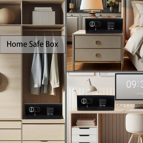 Biometric Fingerprint Safe Lock Box on shelf and nightstand in bedroom and home office, black 0.6 cubic feet, steel construction