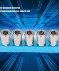 Five-port G1/4 Aluminum Air Distribution Block with straight air hose splitter connectors for industrial use, front view.