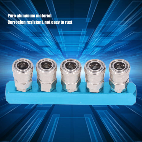 Five-port G1/4 Aluminum Air Distribution Block with straight air hose splitter connectors for industrial use, front view.