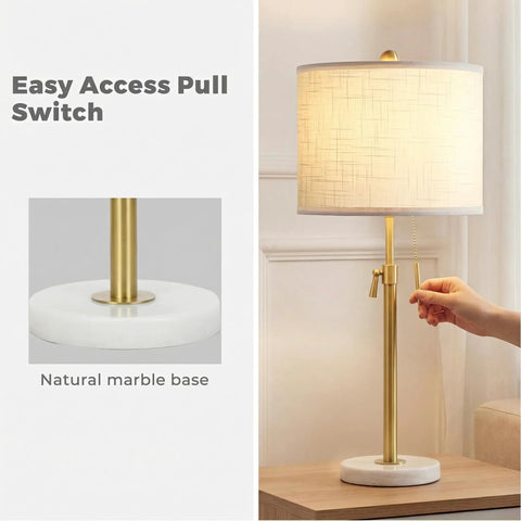Gold Table Lamps Set Of 2 With Adjustable Height From 22 To 30 Inches, Dimmable Nightstand Lamps For Bedroom, Marble Base