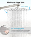Brushed Nickel Wall Mount Shower Faucet Set With 12 Inch Square Rainfall Showerhead, showing easy clean spray holes and 360 rotation.