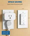 Remote Control Outlet With Wall Mount Switch And Detachable Magnetic Remote Two Independent Sockets No Wiring Needed 100 Ft Range Plug And Play For Lamps Fans And Home Appliances, shown with outlet and wall switch measurements.