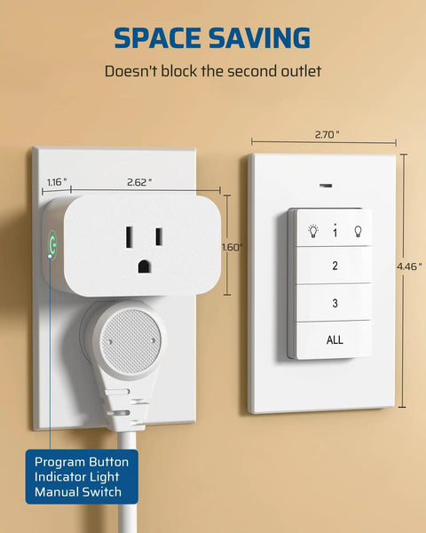 Remote Control Outlet With Wall Mount Switch And Detachable Magnetic Remote Two Independent Sockets No Wiring Needed 100 Ft Range Plug And Play For Lamps Fans And Home Appliances, shown with outlet and wall switch measurements.