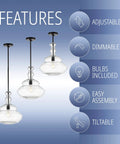 Oil Rubbed Bronze Modern LED Pendant Light With Clear Glass Shade Adjustable Hanging Ceiling Fixture For Kitchen Island Hallways Dining Room Bistro Style Lighting Energy Saving Bulbs Included shown with features like adjustable, dimmable, bulbs included, easy assembly, tilt.