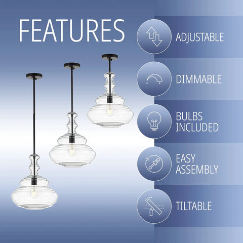 Oil Rubbed Bronze Modern LED Pendant Light With Clear Glass Shade Adjustable Hanging Ceiling Fixture For Kitchen Island Hallways Dining Room Bistro Style Lighting Energy Saving Bulbs Included shown with features like adjustable, dimmable, bulbs included, easy assembly, tilt.