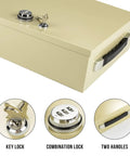 Heavy Duty Fire Resistant Lockbox With Dual Lock System Key And 3 Digit Combination, Steel Security Chest Beige with handles.