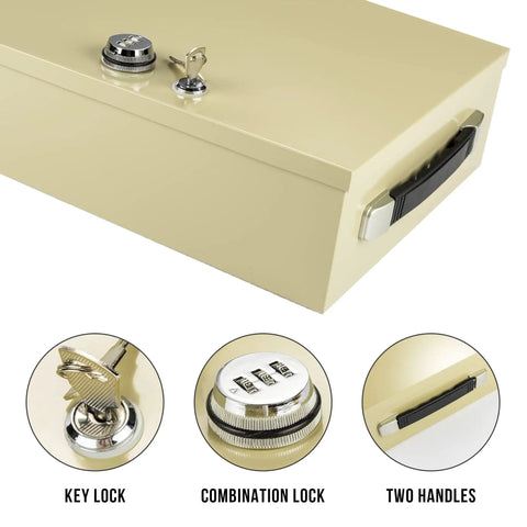 Heavy Duty Fire Resistant Lockbox With Dual Lock System Key And 3 Digit Combination, Steel Security Chest Beige with handles.