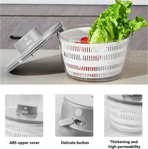 Massive 4L Electric Salad Spinner With Wireless Usb Charging Heavy Duty Veggie Dryer And Roomy Lettuce Bowl with lettuce inside.