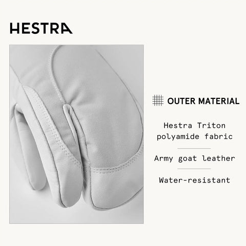 Army Leather Heli Ski 3 Finger Women's Leather Snow Glove in misty grey off white, hestra triton polyamide fabric visible