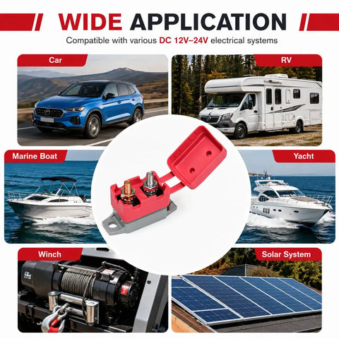 4 Pack 30amp Automatic Reset Circuit Breaker With Cover Dc 12V To 24V Resettable Overload Protector exposed in car, RV, marine boat, or solar system settings.