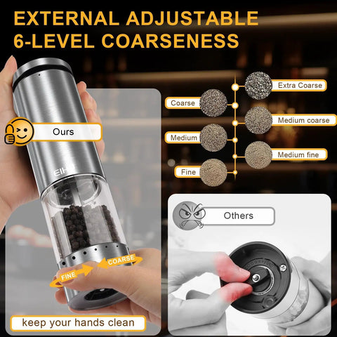 Electric Salt And Pepper Grinder Set USB Rechargeable With External Coarseness Control featuring six-level adjustment