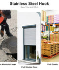 Collage showing stainless steel T hook lifting a manhole cover, rolling shutter door, and stacked goods for heavy duty use.