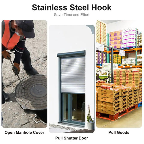 Collage showing stainless steel T hook lifting a manhole cover, rolling shutter door, and stacked goods for heavy duty use.