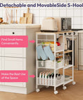 Slick 4 Tier Rolling Kitchen Island Cart With Dreamy White Wood Top And Slatted Metal Storage Shelves showing side S-hooks and organized kitchen items.