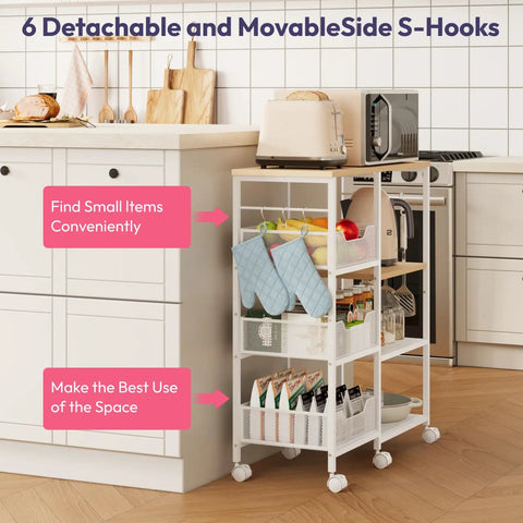 Slick 4 Tier Rolling Kitchen Island Cart With Dreamy White Wood Top And Slatted Metal Storage Shelves showing side S-hooks and organized kitchen items.
