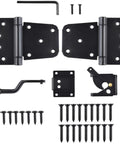 Components of Self Closing Gate Hardware Kit With Self Locking Gate Latch And Two Pack 3.5 Inch Heavy Duty Adjustable Spring Hinges In Black