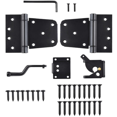 Components of Self Closing Gate Hardware Kit With Self Locking Gate Latch And Two Pack 3.5 Inch Heavy Duty Adjustable Spring Hinges In Black