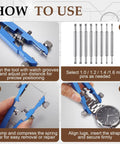 Steps to use Must Have Watch Band Repair Kit For Metal Straps with link remover and spring bar pliers illustrated