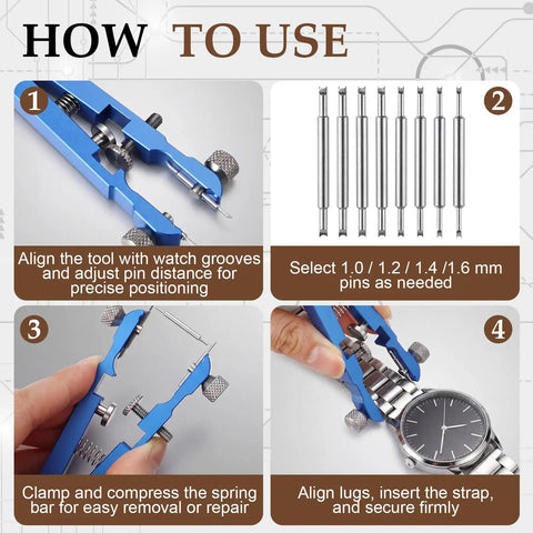 Steps to use Must Have Watch Band Repair Kit For Metal Straps with link remover and spring bar pliers illustrated