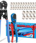 2 In 1 Ratchet PEX Crimping Tool With Cinch And Remove Function, Versatile PEX Crimper From Three Eighths Inch To One Inch, Includes PEX Cutter And Stainless Steel Clamps, Half Inch Kit 25Pcs And Three Quarter Inch Kit 10Pcs displayed with box