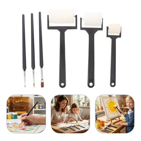 6 Piece Foam Sponge Roller And Brush Set Hella Smooth Kids Painting Tools with black handles and foam tips for easy use.