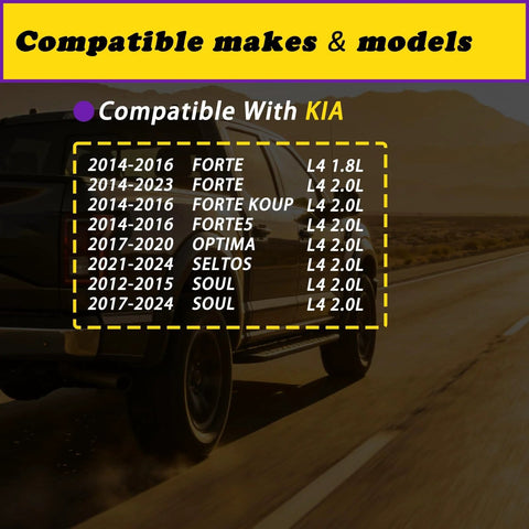 Compatibility chart for Kia vehicles with 2 Pcs Intake And Exhaust VVT Solenoids Set Compatible With Hyundai Sonata Elantra Coupe GT Tucson Kona And Kia Optima Forte Koup Forte5 Soul Seltos L4 1.8L 2.0L Direct Replacement And Easy Install.