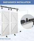 Exterior Barn Door Hardware Kit For Outdoor Use 14FT Sliding Barn Door Hardware Track Kit Heavy Duty For Double Doors Wall Mount Black Finish Galvanized Steel Rust Proof Outdoor Grade With 50000 Cycle Testing, shown with double doors not included, easy installation guide visible.