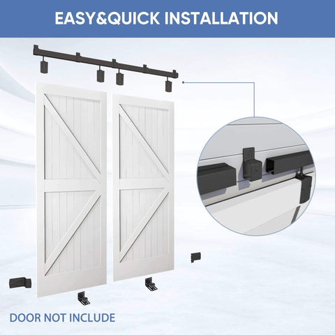 Exterior Sliding Barn Door Hardware Kit For Outdoor Use Built Tough Track System For Double Doors in black finish shown in front view