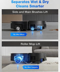 X11 OmniCyclone Robot Vacuum And Mop With Auto Empty Station for hands free floor care showing side and roller mop lift features