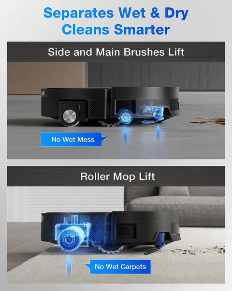 X11 OmniCyclone Robot Vacuum And Mop With Auto Empty Station for hands free floor care showing side and roller mop lift features