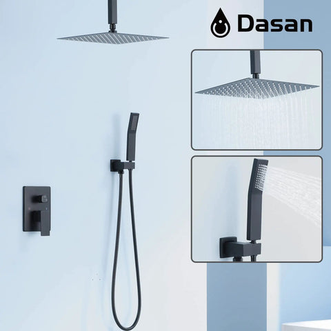 Ceiling Shower System With 12 Inch Rain Head Handheld And Body Spray Kit Glossy Black Ceiling Mount Shower Faucet Set With Valve