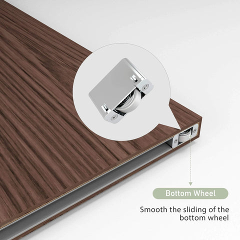 Concealed Barn Door Hardware Kit With Soft Close showing bottom wheel detail on wood panel