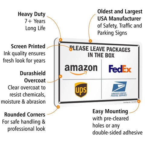 Premium 7 X 10 Inch Rustproof Aluminum Delivery Instructions Metal Sign For Amazon And FedEx And Ups Package Drop Off Outside Keep The Mail Pretty Dang Safe With This Straight Up Built Tough Mailbox Plaque with delivery instructions and logo.