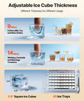 Adjustable ice cube thickness with 0.8" square ice cubes for drinks, featuring 9 and 14-minute freezing times. Top Notch Commercial Ice Maker Cranking Out 120 Lbs Daily With Slick Under Counter Design, Built In Self Cleaning, And Rugged Stainless Steel Shell Tailored For Serious Home Bars.