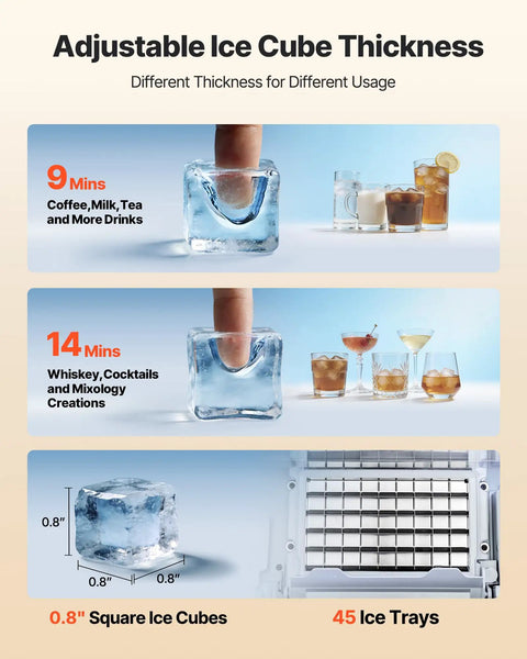 Adjustable ice cube thickness with 0.8" square ice cubes for drinks, featuring 9 and 14-minute freezing times. Top Notch Commercial Ice Maker Cranking Out 120 Lbs Daily With Slick Under Counter Design, Built In Self Cleaning, And Rugged Stainless Steel Shell Tailored For Serious Home Bars.