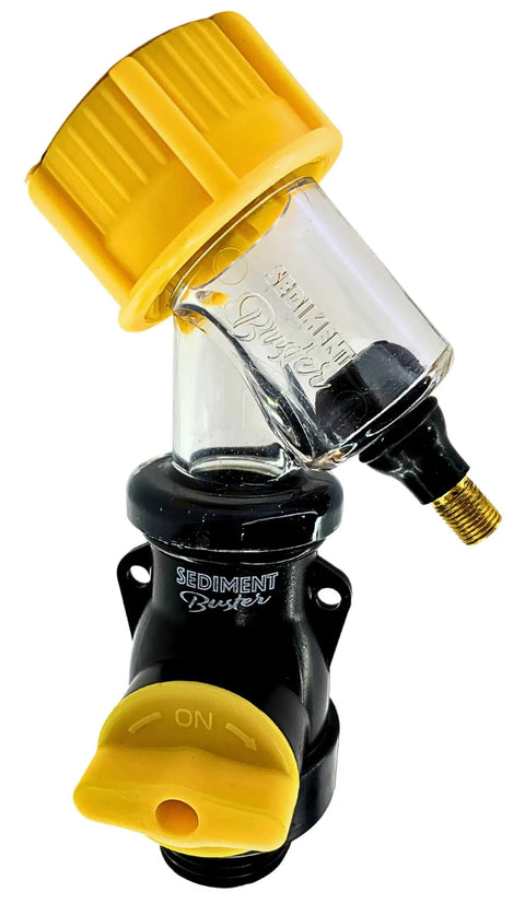 Sediment Buster Water Heater Flushing Tool with yellow cap and transparent chamber for quick home tank cleanouts.