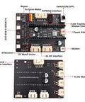 Front view of Adeept 4WD robot kit control board with black PCB, ESP8266 interface and four DC motor connectors