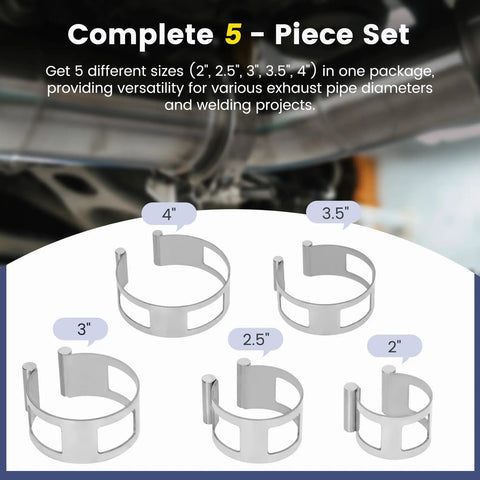 Heavy Duty Exhaust Tacking Band Set, 5 Piece, 304 Stainless Steel, 2 to 4 Inches, on display with pipe fitting sizes