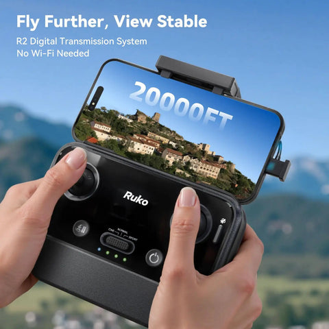 Hands holding remote with smartphone displaying 20,000 ft range for Pocket Size Drone With 4K UHD Camera And 3 Axis Gimbal, 8K Photo.