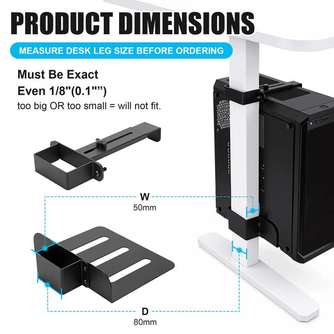 Product dimensions of Slick Under Desk PC Mount Clamp On Computer Tower Stand showing clamp mechanism and measurements.