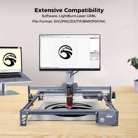 Creality Falcon 10W desktop laser engraver on a metal frame with 15.7x16.3 in workspace
