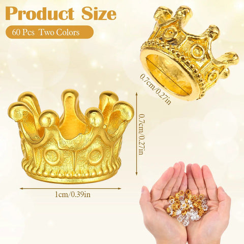 Gold and silver mini crown charms for crafts, 3D hollow queen crown beads, 60 pcs set shown in hands, perfect for DIY jewelry projects.